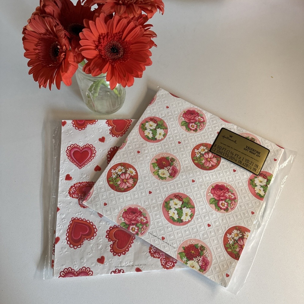 Hallmark Valentine Gift Wrap‎ Paper Lot of 2 Packs Vintage 80s Embossed Floral